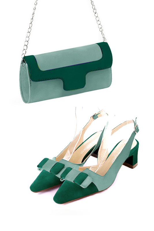 Pochette femme habillée  vert pastel pour mariage, cérémonies et soirées. 
            Personnalisation. Vue porté - Florence KOOIJMAN