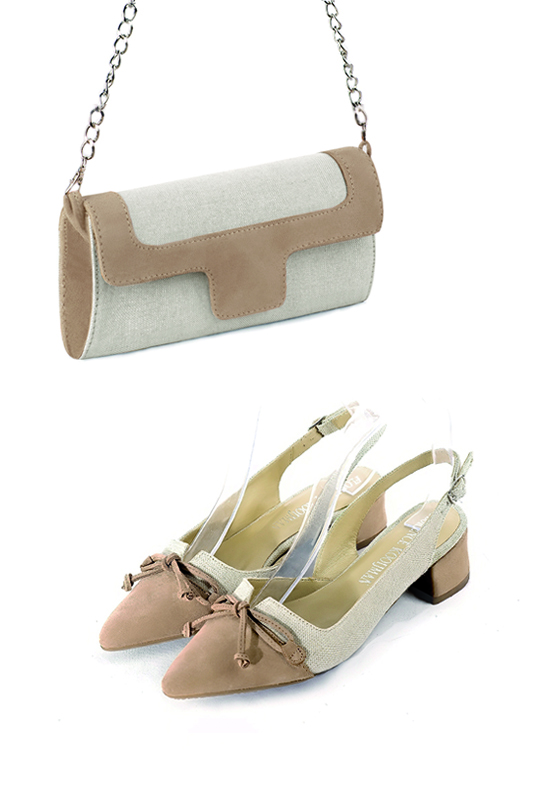 Pochette habillée femme pour cérémonie beige naturel et beige biscuit - Vue porté