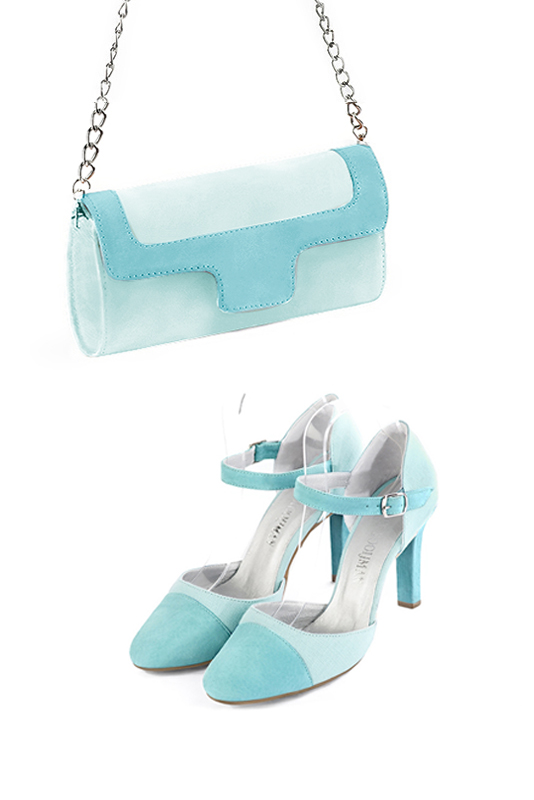 Pochette habillée femme pour cérémonie bleu lagon - Vue porté