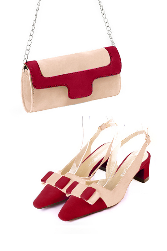 Pochette femme habillée  rose poudré et rouge carmin pour mariage, cérémonies et soirées. 
            Personnalisation. Vue porté - Florence KOOIJMAN