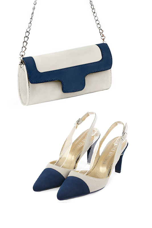 Pochette habillée femme pour cérémonie blanc cassé et bleu marine - Vue porté