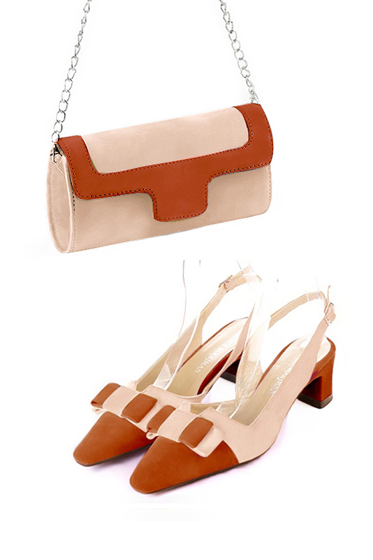 Pochette femme habillée  rose poudré et orange corail pour mariage, cérémonies et soirées. 
            Personnalisation. Vue porté - Florence KOOIJMAN