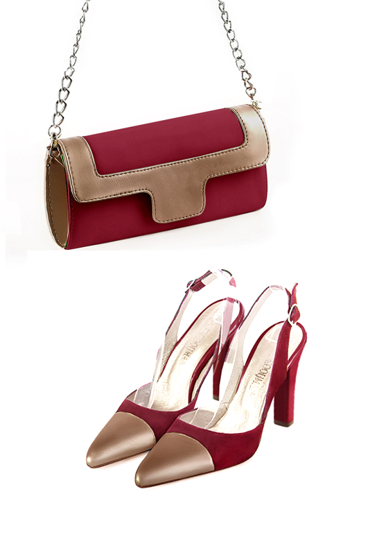 Pochette habillée femme pour cérémonie rouge bordeaux et cuivre - Vue porté