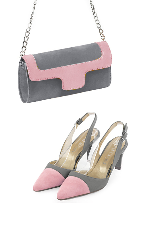 Pochette habillée femme pour cérémonie gris tourterelle et rose pâle - Vue porté