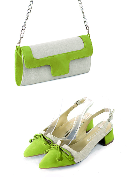 Pochette habillée femme pour cérémonie beige naturel et vert pistache - Vue porté