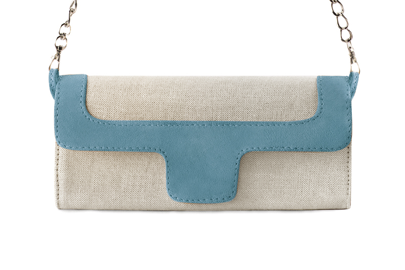 Pochette habillée femme pour cérémonie beige naturel et bleu canard - Vue de profil
