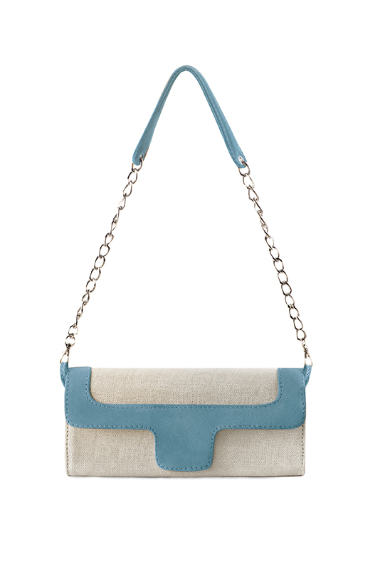 Pochette habillée femme pour cérémonie beige naturel et bleu canard - Vue du dessus