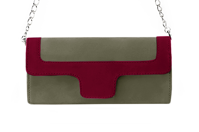 Pochette femme habillée  vert kaki et rouge bordeaux pour mariage, cérémonies et soirées. 
            Personnalisation. Vue de profil - Florence KOOIJMAN
