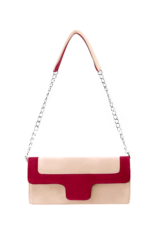 Pochette femme habillée  rose poudré et rouge carmin pour mariage, cérémonies et soirées. 
            Personnalisation. Vue du dessus - Florence KOOIJMAN