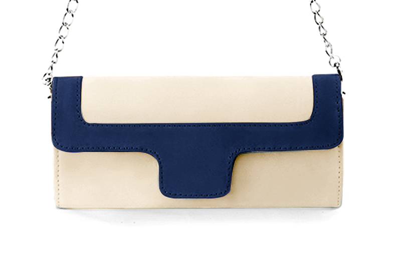 Pochette femme habillée  beige vanille et bleu marine pour mariage, cérémonies et soirées. 
            Personnalisation. Vue de profil - Florence KOOIJMAN