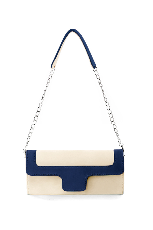 Pochette femme habillée  beige vanille et bleu marine pour mariage, cérémonies et soirées. 
            Personnalisation. Vue du dessus - Florence KOOIJMAN