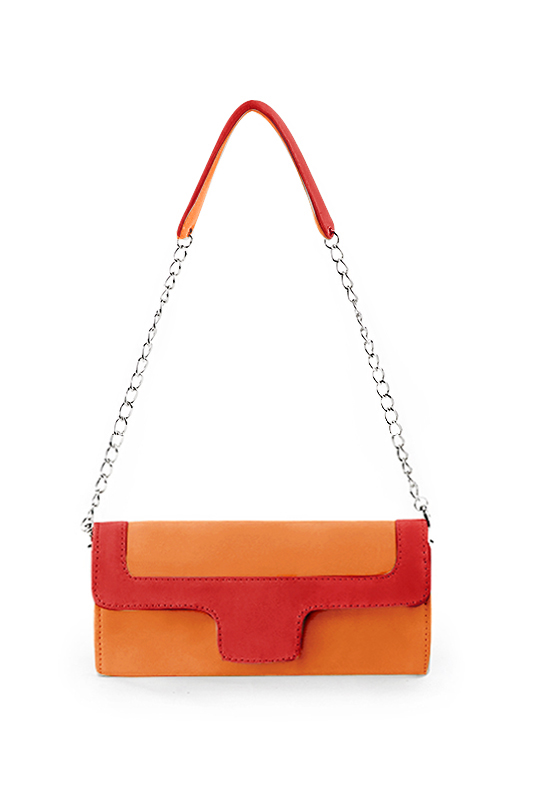 Pochette femme mariage cérémonie cuir orange abricot et rouge coquelicot - Vue du dessus