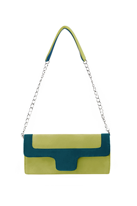 Pochette femme habillée  vert pistache et bleu canard pour mariage, cérémonies et soirées. 
            Personnalisation. Vue du dessus - Florence KOOIJMAN