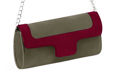Pochette femme habillée  vert kaki et rouge bordeaux pour mariage, cérémonies et soirées. 
            Personnalisation Vue avant - Florence KOOIJMAN
