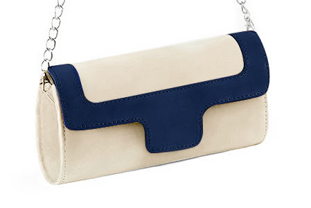 Pochette femme habillée  beige vanille et bleu marine pour mariage, cérémonies et soirées. 
            Personnalisation Vue avant - Florence KOOIJMAN