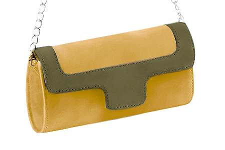 Pochette femme habillée  jaune ocre et vert kaki pour mariage, cérémonies et soirées. 
            Personnalisation Vue avant - Florence KOOIJMAN