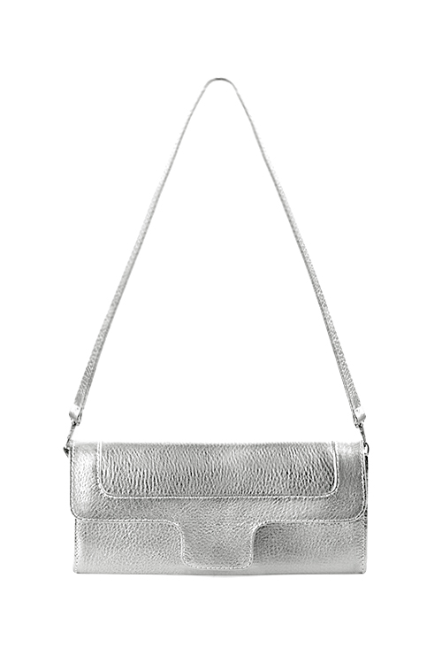 Pochette femme habillée  argent platine pour mariage, cérémonies et soirées. 
            Personnalisation. Vue du dessus - Florence KOOIJMAN