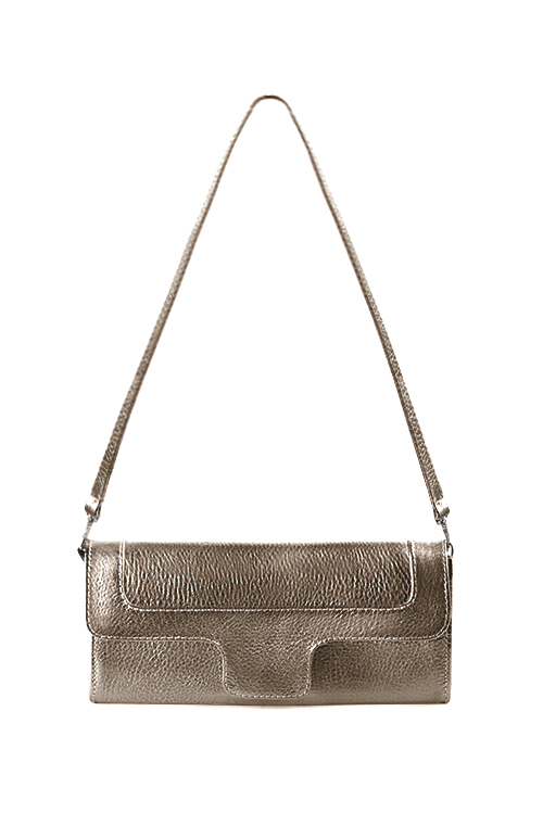 Pochette femme habillée  or mordoré pour mariage, cérémonies et soirées. 
            Personnalisation. Vue du dessus - Florence KOOIJMAN