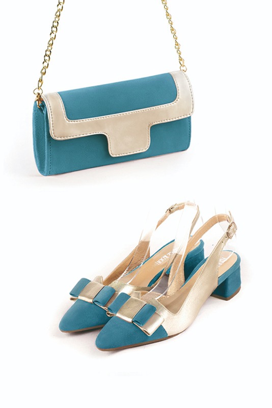Pochette habillée femme pour cérémonie bleu canard et or - Vue porté