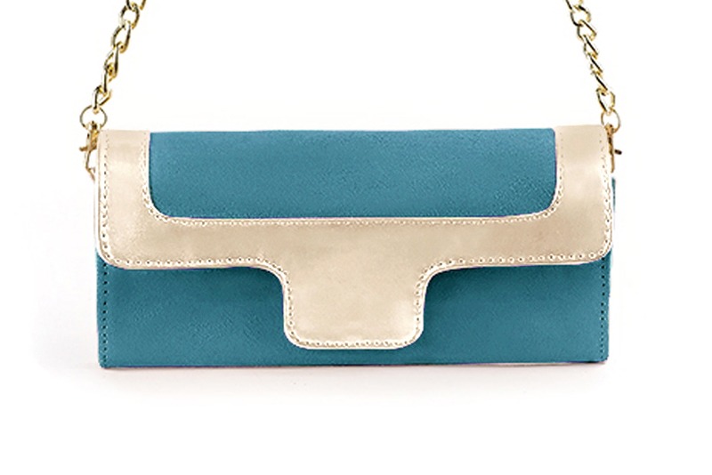 Pochette habillée femme pour cérémonie bleu canard et or - Vue de profil
