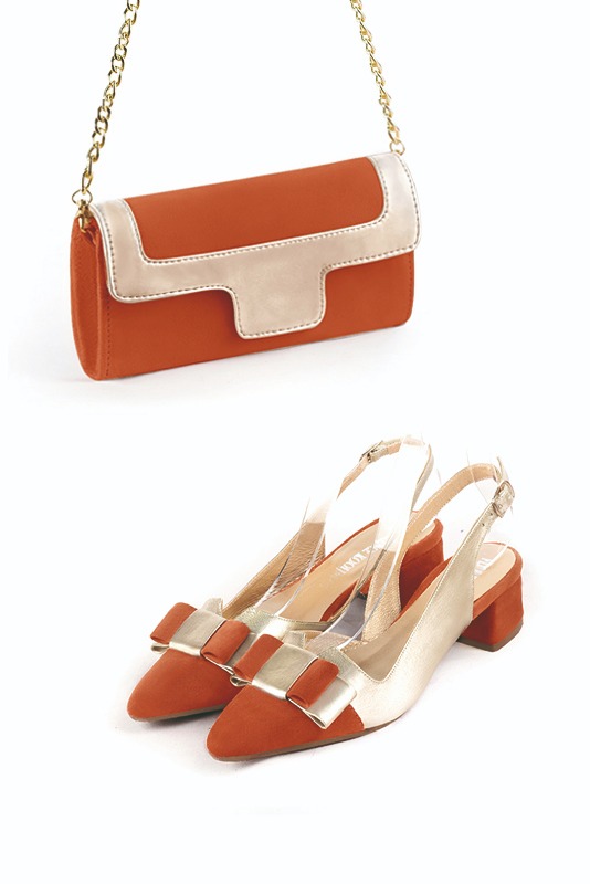 Pochette habillée femme pour cérémonie orange corail et or - Vue porté