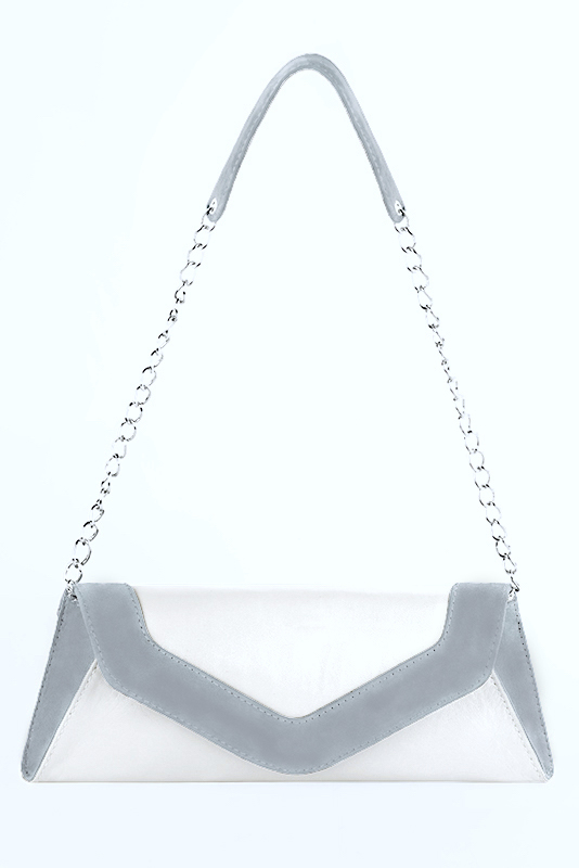 Pochette femme habillée  blanc pur et gris souris pour mariage, cérémonies et soirées. 
            Personnalisation. Vue du dessus - Florence KOOIJMAN