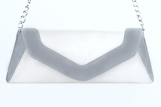 Pochette femme habillée  blanc pur et gris souris pour mariage, cérémonies et soirées. 
            Personnalisation. Vue de profil - Florence KOOIJMAN