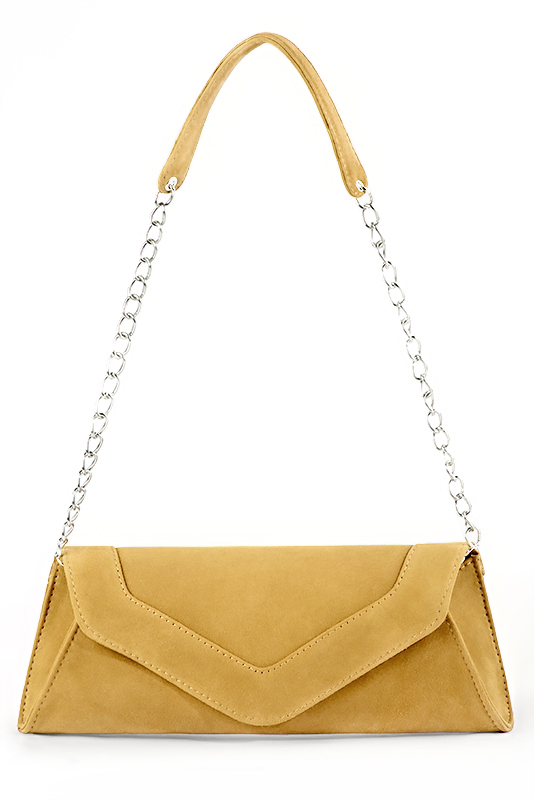 Pochette femme habillée jaune ocre pour mariage, cérémonies et soirées.
Personnalisation. Vue du dessus - Florence KOOIJMAN