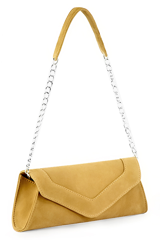 Pochette femme habillée jaune ocre pour mariage, cérémonies et soirées.
Personnalisation. Vue porté - Florence KOOIJMAN