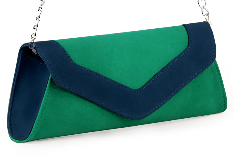 Pochette femme habillée  vert émeraude et bleu marine pour mariage, cérémonies et soirées. 
            Personnalisation Vue avant - Florence KOOIJMAN