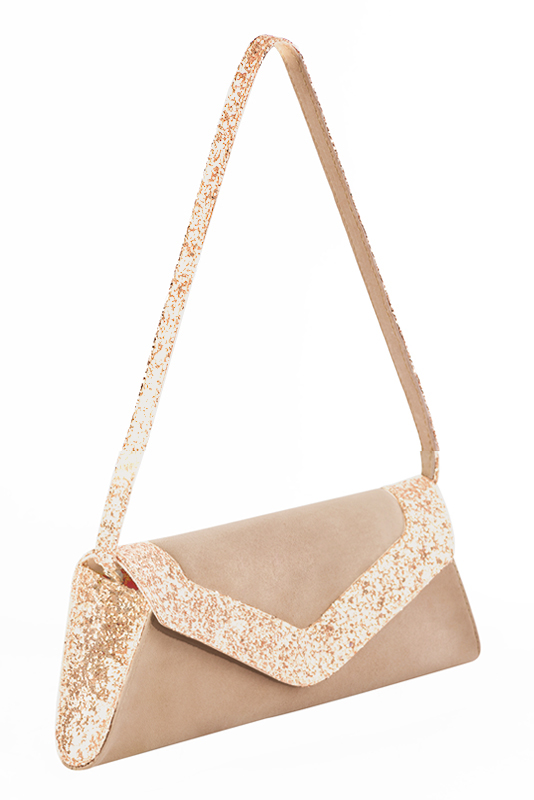 Pochette femme habillée  beige biscuit et rose poudré pour mariage, cérémonies et soirées. 
            Personnalisation. Vue du dessus - Florence KOOIJMAN