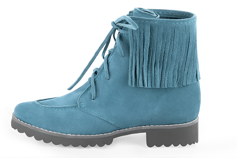 Boots femme : Bottines lacets à l'avant couleur bleu ciel. Bout rond. Semelle gomme talon plat. Vue de profil - Florence KOOIJMAN