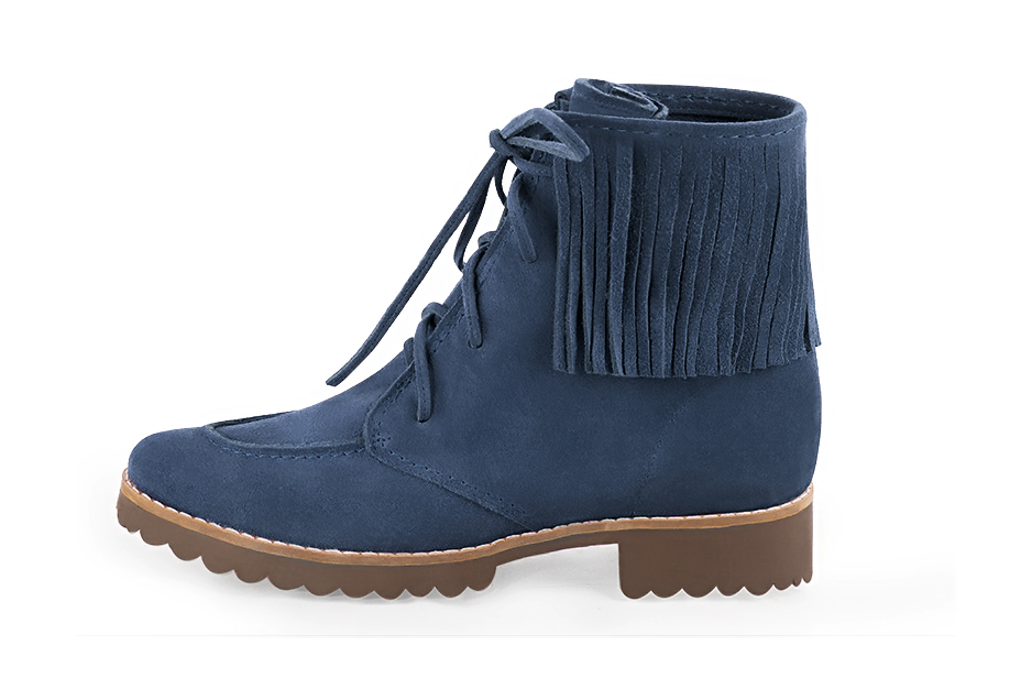Bottines femme à lacets bleu denim. Bout rond. Semelle en gomme - Vue de profil