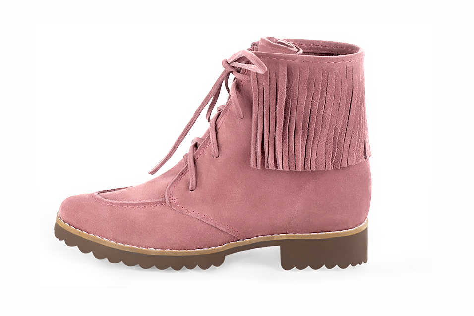 Boots femme : Bottines lacets à l'avant couleur rose vieux rose. Bout rond. Semelle gomme talon plat. Vue de profil - Florence KOOIJMAN