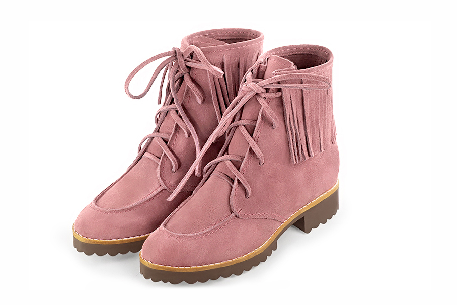 Boots femme : Bottines lacets à l'avant couleur rose vieux rose. Bout rond. Semelle gomme talon plat Vue avant - Florence KOOIJMAN