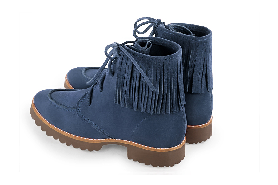 Bottines femme à lacets bleu denim. Bout rond. Semelle en gomme - Vue arrière