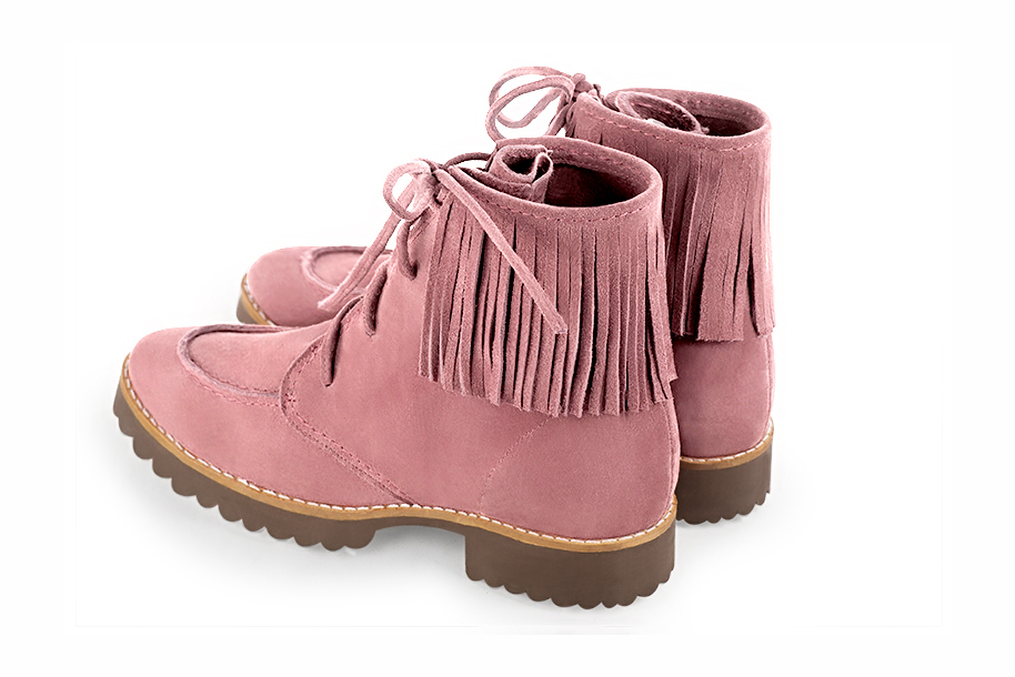 Boots femme : Bottines lacets à l'avant couleur rose vieux rose. Bout rond. Semelle gomme talon plat. Vue arrière - Florence KOOIJMAN