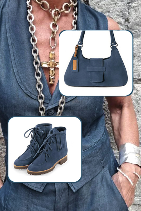 Bottines femme à lacets bleu denim. Bout rond. Semelle en gomme - Vue porté