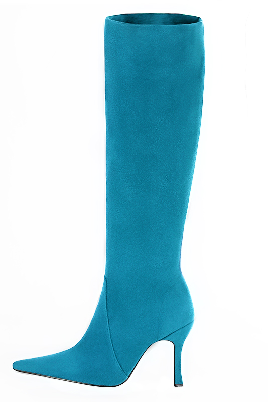 Bottes femme élégantes et raffinées en stretch, réalisées sur mesures, coloris bleu turquoise. Bout pointu. Très haut. Talon bobine. Mollets fins ou larges. Personnalisation : Choix des cuirs, des couleurs et des talons. - Florence KOOIJMAN