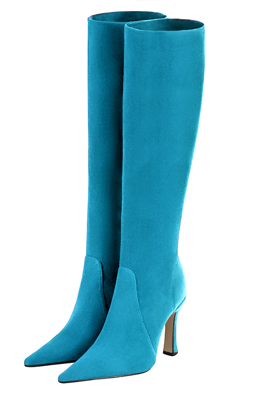 Bottes femme élégantes et raffinées en stretch, réalisées sur mesures, coloris bleu turquoise. Bout pointu. Très haut. Talon bobine. Mollets fins ou larges. Personnalisation : Choix des cuirs, des couleurs et des talons. - Florence KOOIJMAN