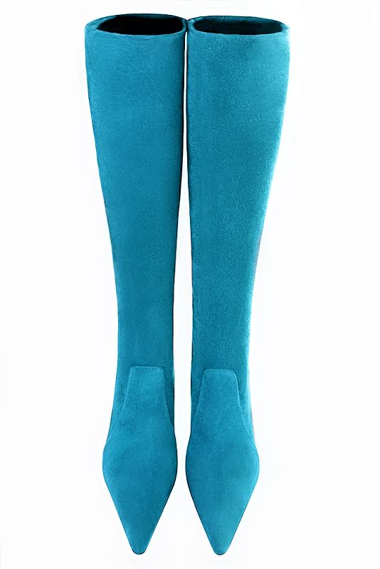 Botte femme : Bottes femme féminines sur mesures couleur bleu turquoise. Bout pointu. Talon très haut bobine. Vue du dessus - Florence KOOIJMAN