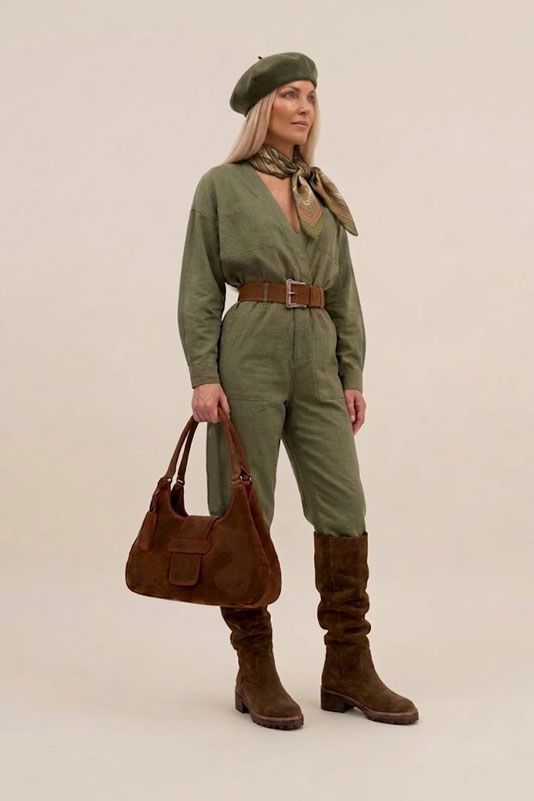 Bottes cavalière habillées femme sur mesure en cuir marron ébène à semelle en gomme et bout rond - Vue porté