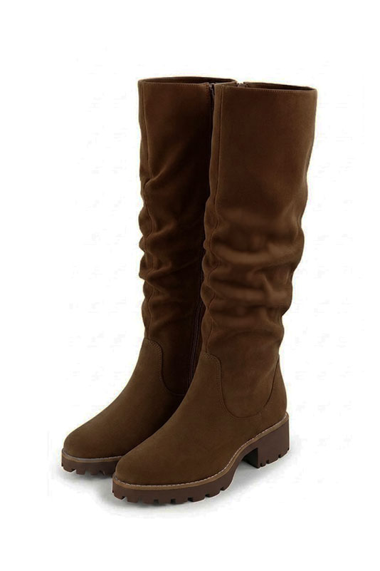 Bottes cavalière habillées femme sur mesure en cuir marron ébène à semelle en gomme et bout rond - Vue avant