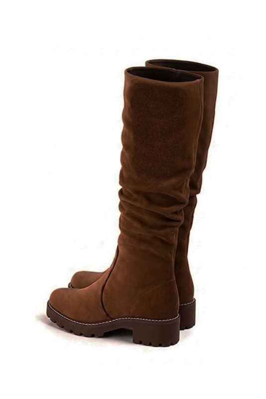 Bottes cavalière habillées femme sur mesure en cuir marron ébène à semelle en gomme et bout rond - Vue du dessus