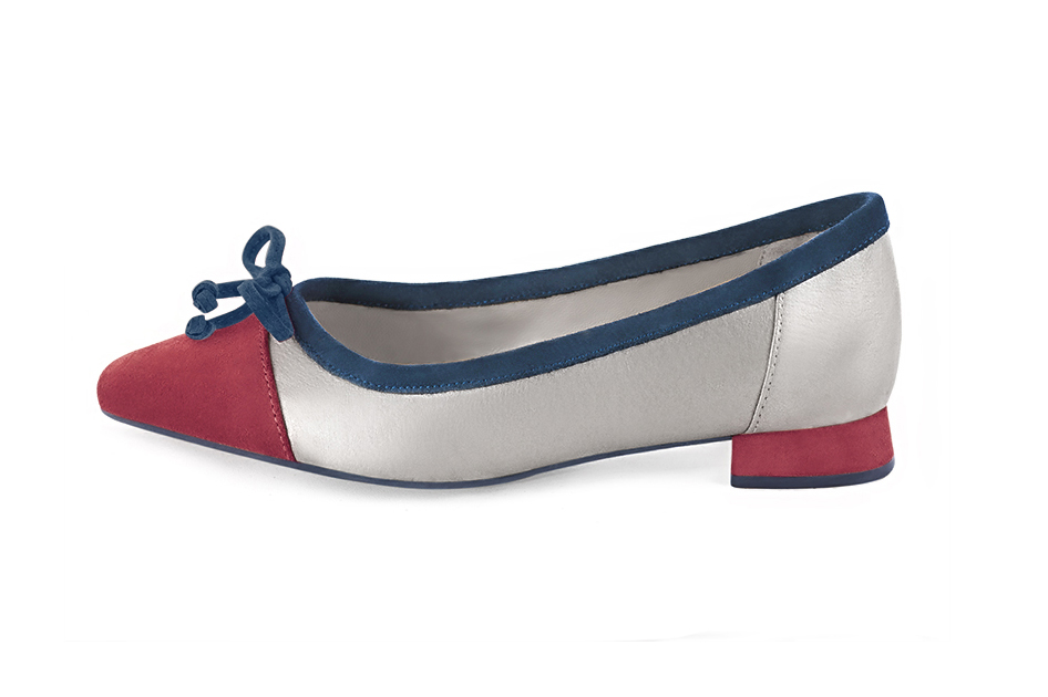 Chaussure femme plate : Ballerine avec un petit talon haut de gamme couleur rouge framboise, argent platine et bleu marine. Choix des talons - Florence KOOIJMAN