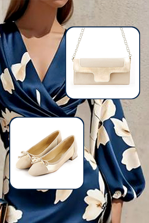 Ballerines petits talons blanc ivoire et or. Bout carré - Vue du dessus