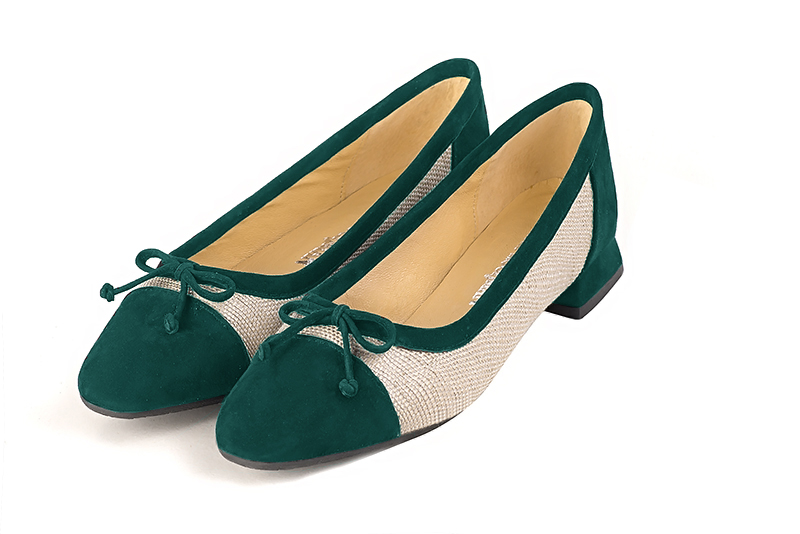 Ballerine : Ballerine avec un petit talon couleur vert émeraude et beige naturel. Bout carré. Talon plat évasé Vue avant - Florence KOOIJMAN