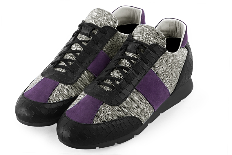Basket homme habillée : Sneaker urbain tricolore couleur noir satiné, gris cendre et violet améthyste. Semelle fine. Doublure cuir Vue avant - Florence KOOIJMAN