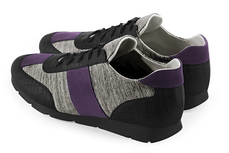 Basket homme habillée : Sneaker urbain tricolore couleur noir satiné, gris cendre et violet améthyste. Semelle fine. Doublure cuir. Vue arrière - Florence KOOIJMAN