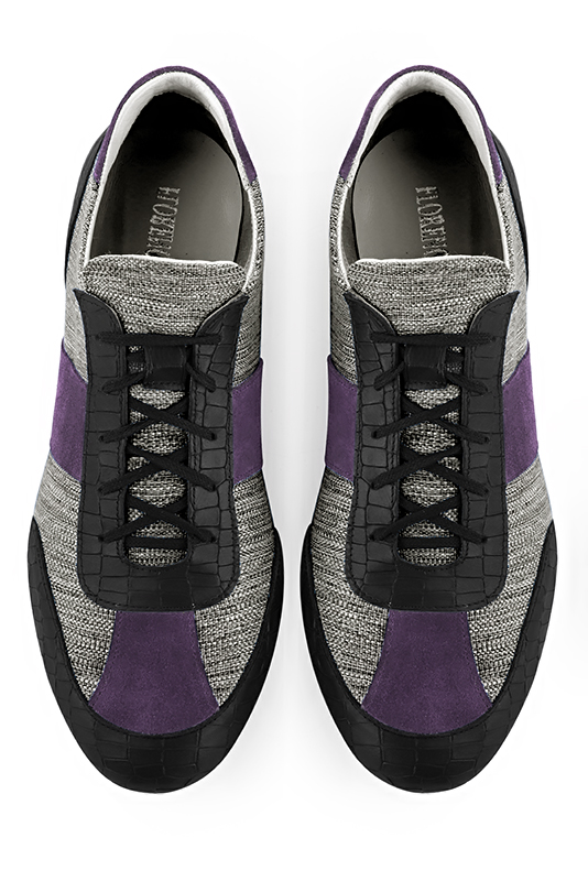 Basket homme habillée : Sneaker urbain tricolore couleur noir satiné, gris cendre et violet améthyste. Semelle fine. Doublure cuir. Vue du dessus - Florence KOOIJMAN